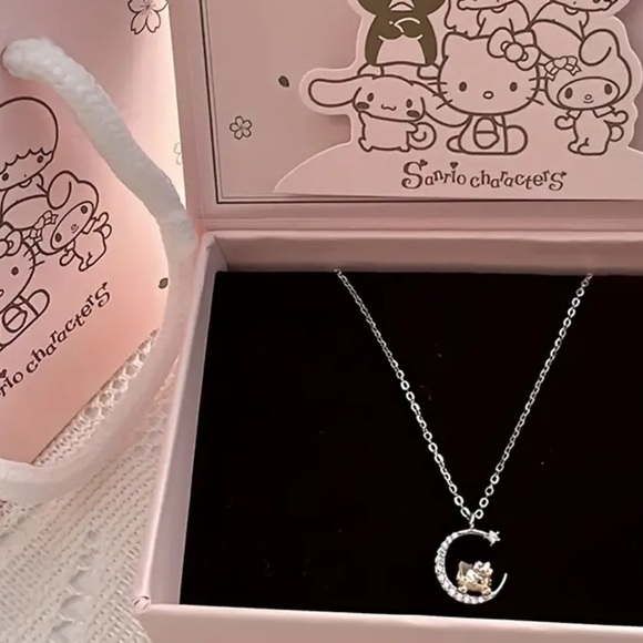 925Silver Hello Kitty Moon Necklace, Crescent Moon Hello Kitty Necklace - Picture 5 of 8